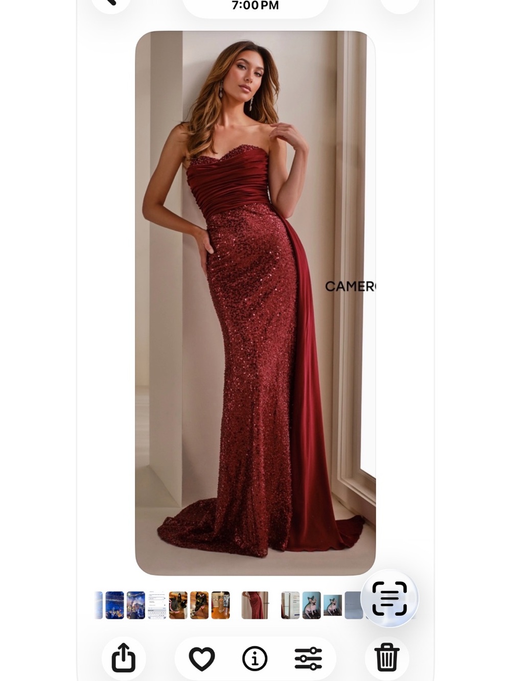 Strapless Burgundy Sequin Evening Dress with Draped Side Panel